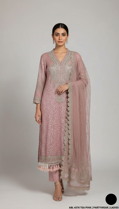 Chiffon straight shirt tea pink - Pakistani women's elegant party wear with viscose trouser and chiffon dupatta front view