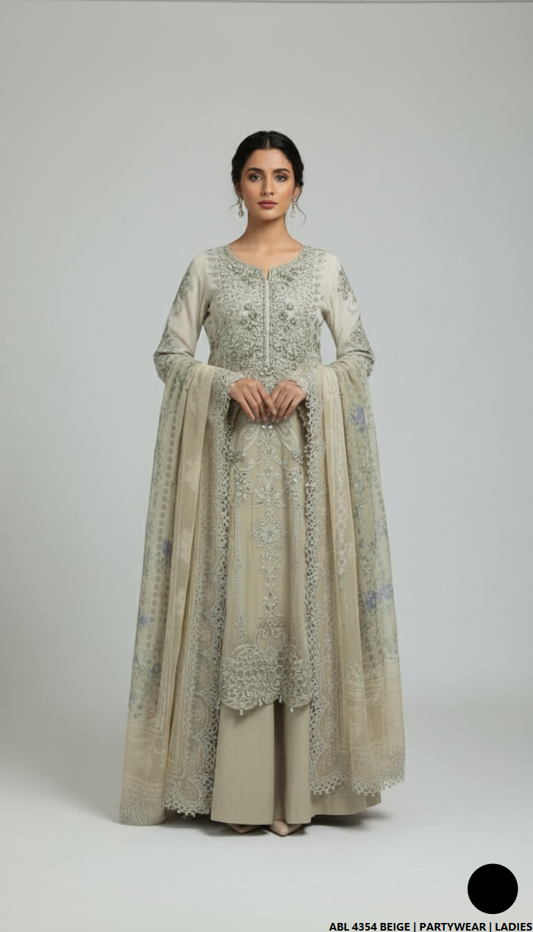 Printed organza straight shirt beige - Pakistani women's elegant formal wear with viscose trouser and organza dupatta front view