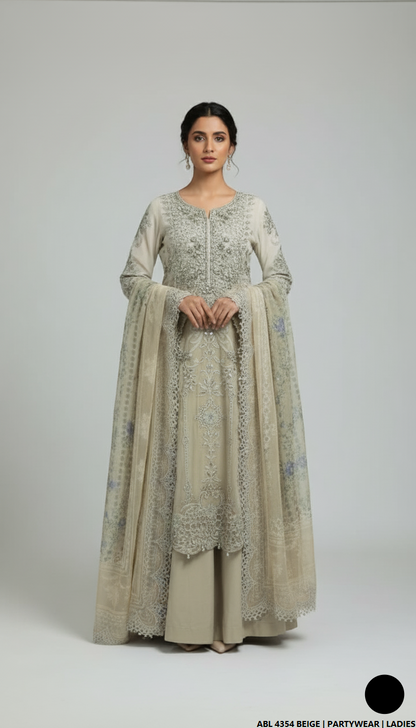 Printed organza straight shirt beige - Pakistani women's elegant formal wear with viscose trouser and organza dupatta front view