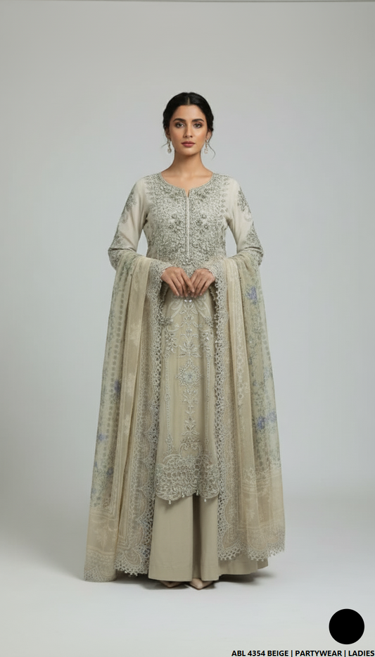 Printed organza straight shirt beige - Pakistani women's elegant formal wear with viscose trouser and organza dupatta front view
