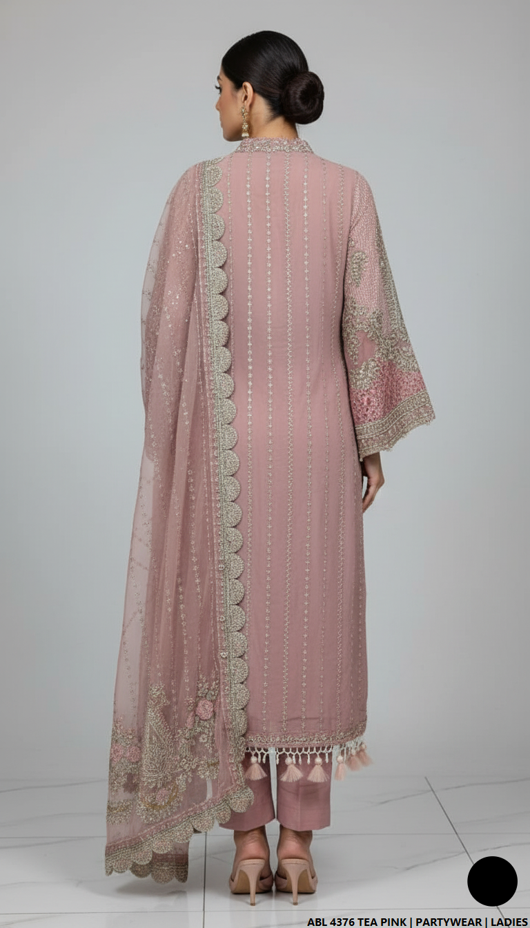 Pakistani women's tea pink chiffon straight shirt back view