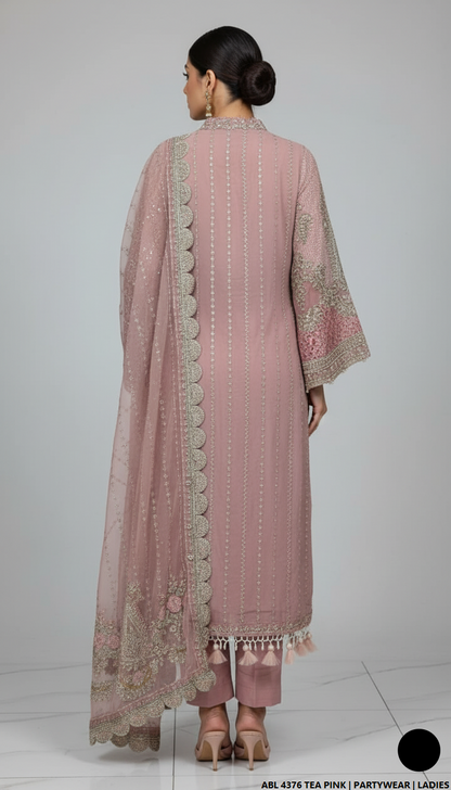 Pakistani women's tea pink chiffon straight shirt back view