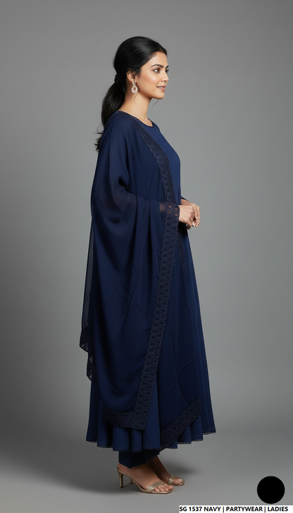 Pakistani women's navy blue lawn A-Line casual outfit back view