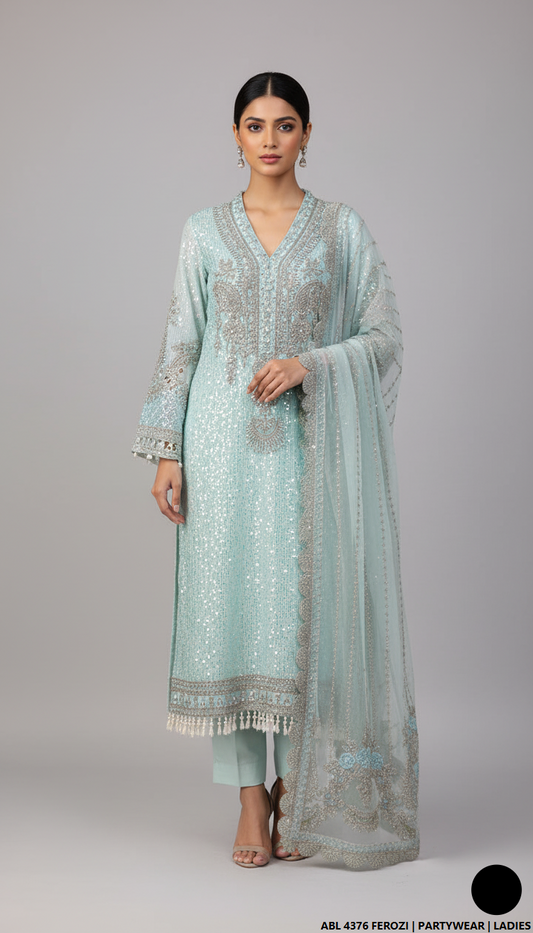 Chiffon straight shirt ferozi - Pakistani women's elegant party wear with viscose trouser and chiffon dupatta front view