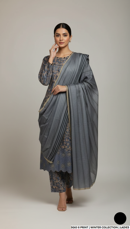 Lawn A-Line printed shirt - Pakistani women's casual summer outfit with cotton trouser and lawn dupatta front view