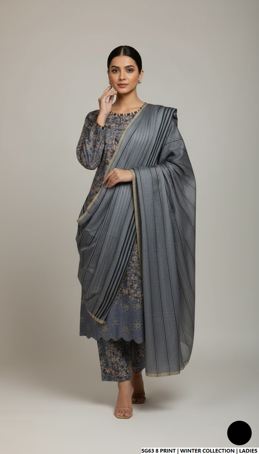 Lawn A-Line printed shirt - Pakistani women's casual summer outfit with cotton trouser and lawn dupatta front view
