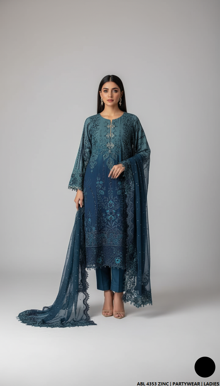 Chiffon straight shirt zinc grey - Pakistani women's formal party wear with viscose trouser and chiffon dupatta front view