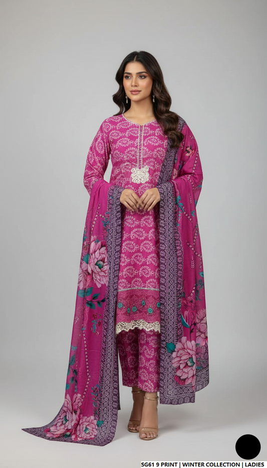 Lawn A-Line printed shirt - Pakistani women's casual summer outfit with cotton trouser and lawn dupatta front view