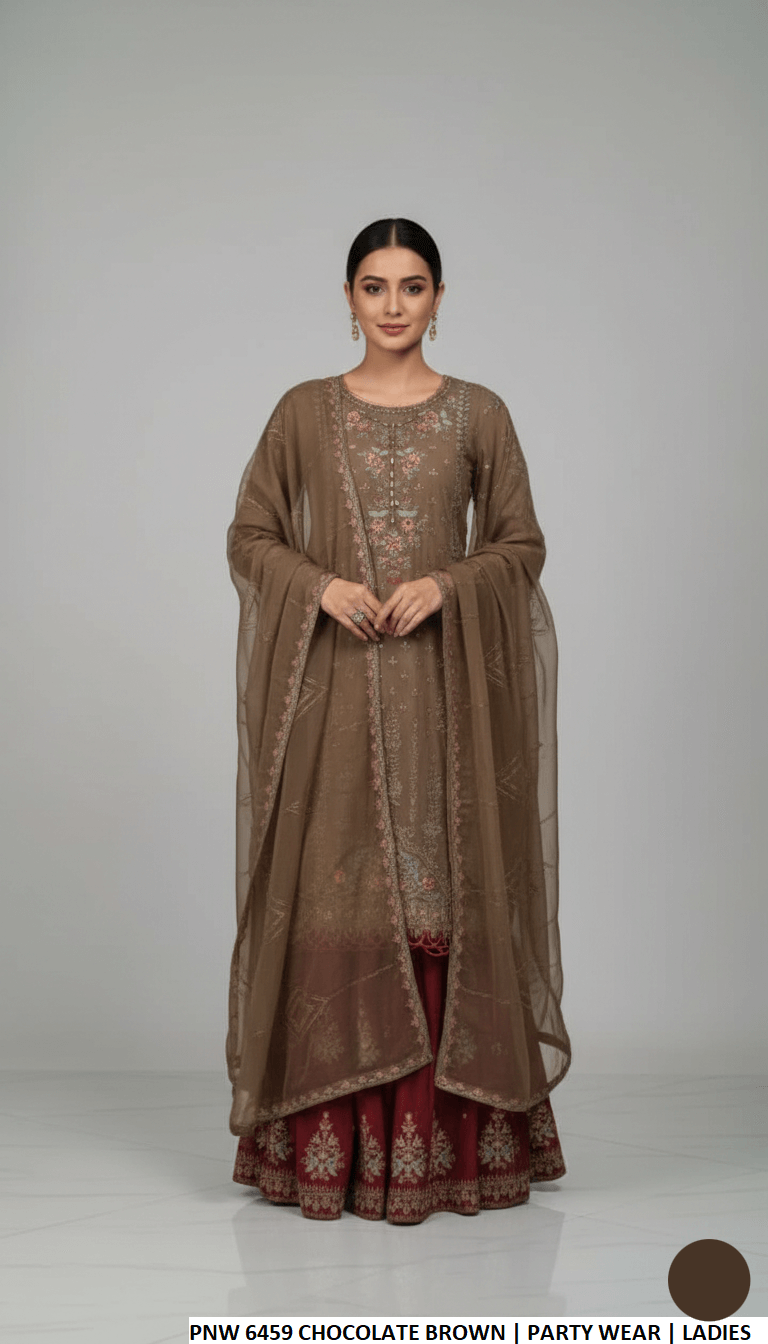Chiffon straight shirt plazo brown - Pakistani women's party wear with viscose plazo and chiffon dupatta front view