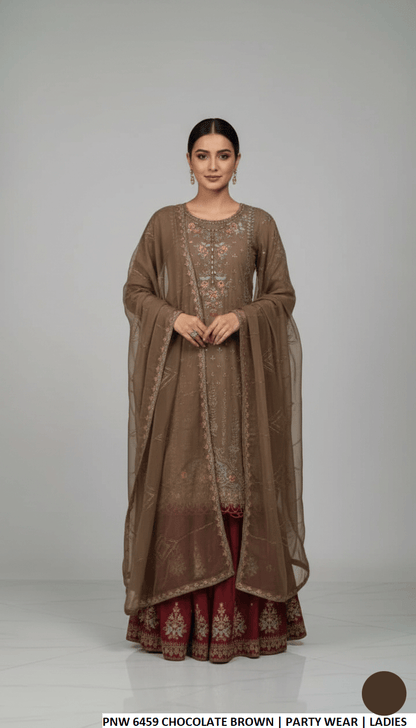 Chiffon straight shirt plazo brown - Pakistani women's party wear with viscose plazo and chiffon dupatta front view