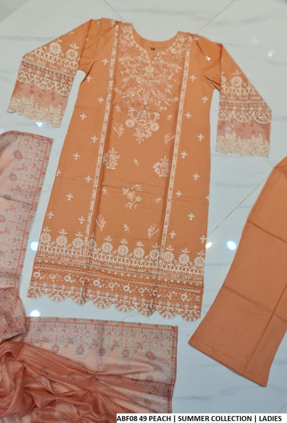Pakistani women's peach cotton straight shirt bell bottom trouser back view