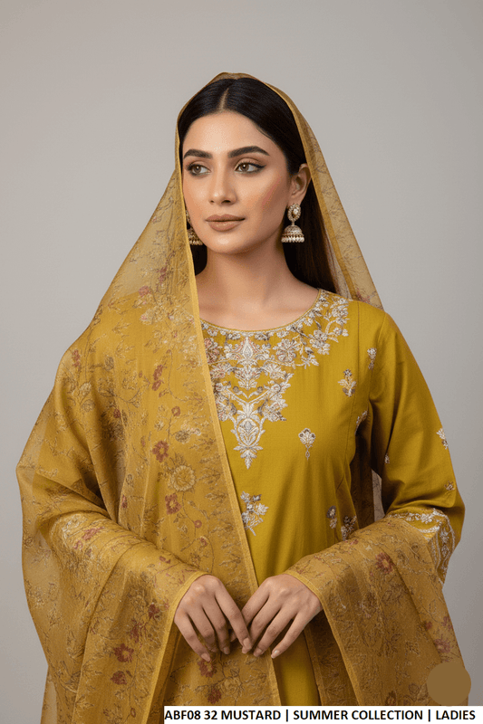 Cotton straight shirt farshi shalwar mustard yellow - Pakistani women's casual traditional outfit with digital print dupatta front view