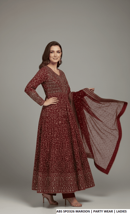 Pakistani women's maroon chiffon straight shirt plazo back view
