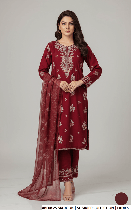 Cotton straight shirt farshi shalwar maroon - Pakistani women's casual traditional outfit with digital print dupatta front view