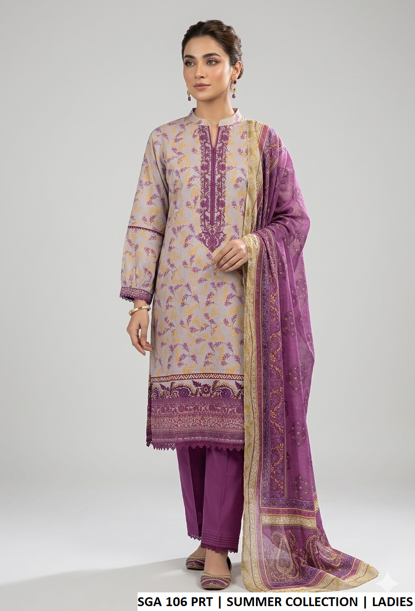 Lawn A-Line printed shirt - Pakistani women's breathable casual summer outfit with cotton trouser and lawn dupatta front view