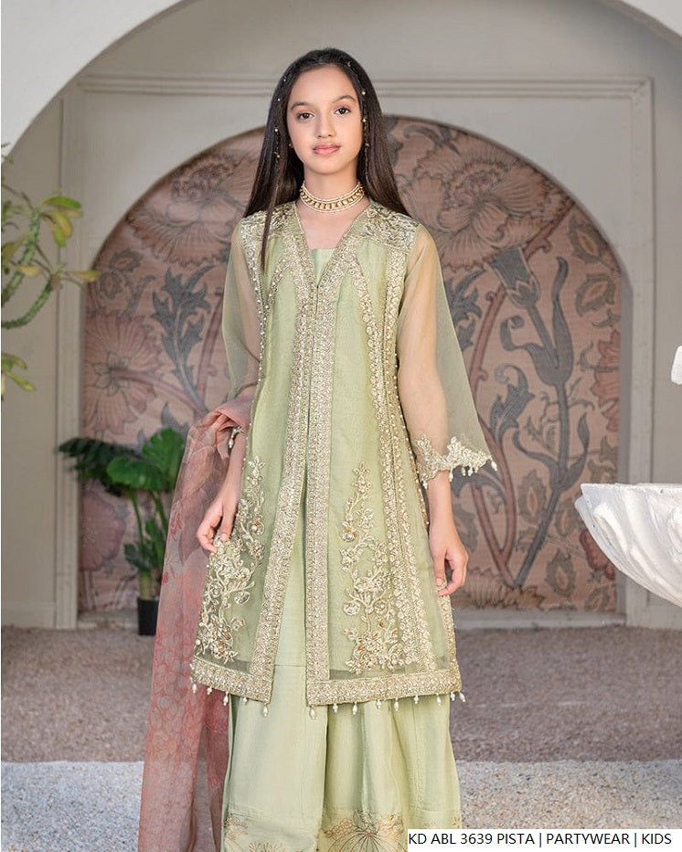 Kids girls silk shirt pista green - Pakistani girls festive outfit with silk dupatta front view