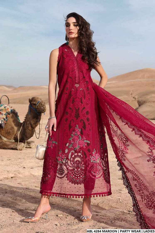 Organza A-Line shirt maroon - Pakistani women's elegant formal wear with viscose trouser and organza dupatta front view