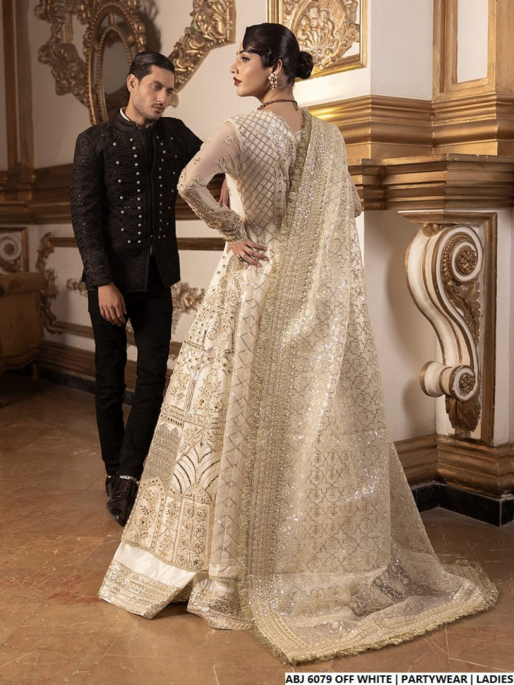 Pakistani women's off white chiffon short frock back view