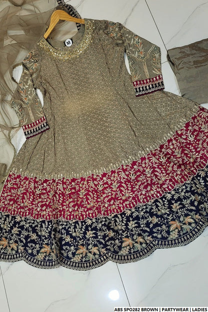 Pakistani women's brown chiffon straight shirt plazo back view