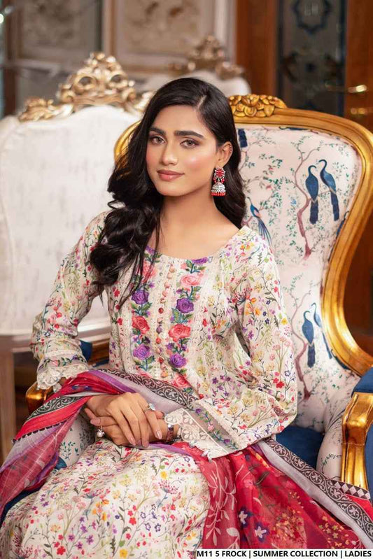 Pakistani women's lawn long frock printed casual outfit side view