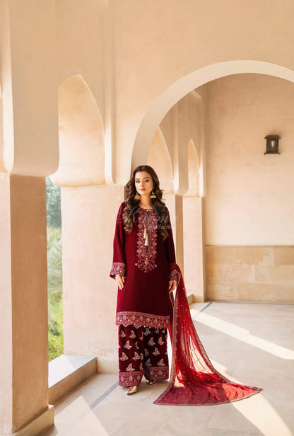 Pakistani women's maroon velvet long kaftan plazo full view