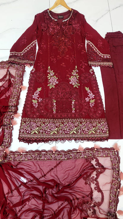 Pakistani women's maroon organza A-Line shirt full view