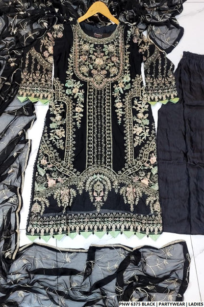 Pakistani women's black chiffon straight shirt plazo detail view