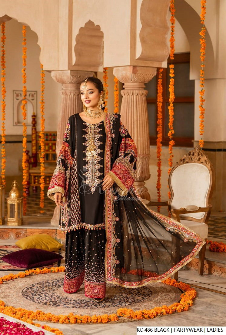 Silk long kaftan plazo black - Pakistani women's luxury formal wear with silk dupatta front view