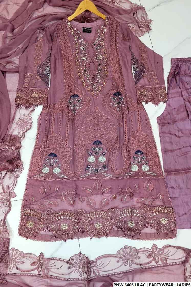 Pakistani women's lilac chiffon straight shirt plazo full view