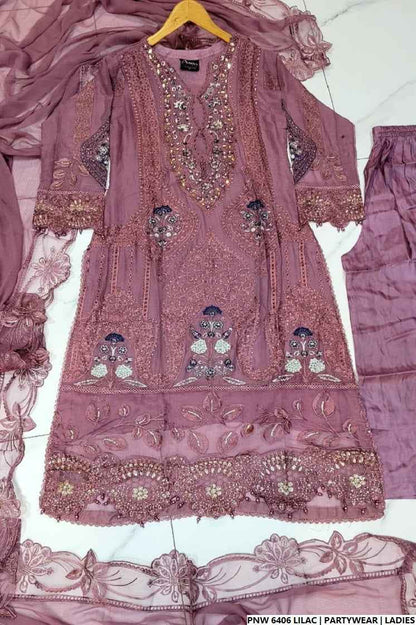 Pakistani women's lilac chiffon straight shirt plazo full view