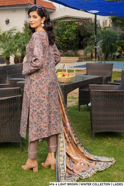 Pakistani women's light brown lawn A-Line casual outfit back view