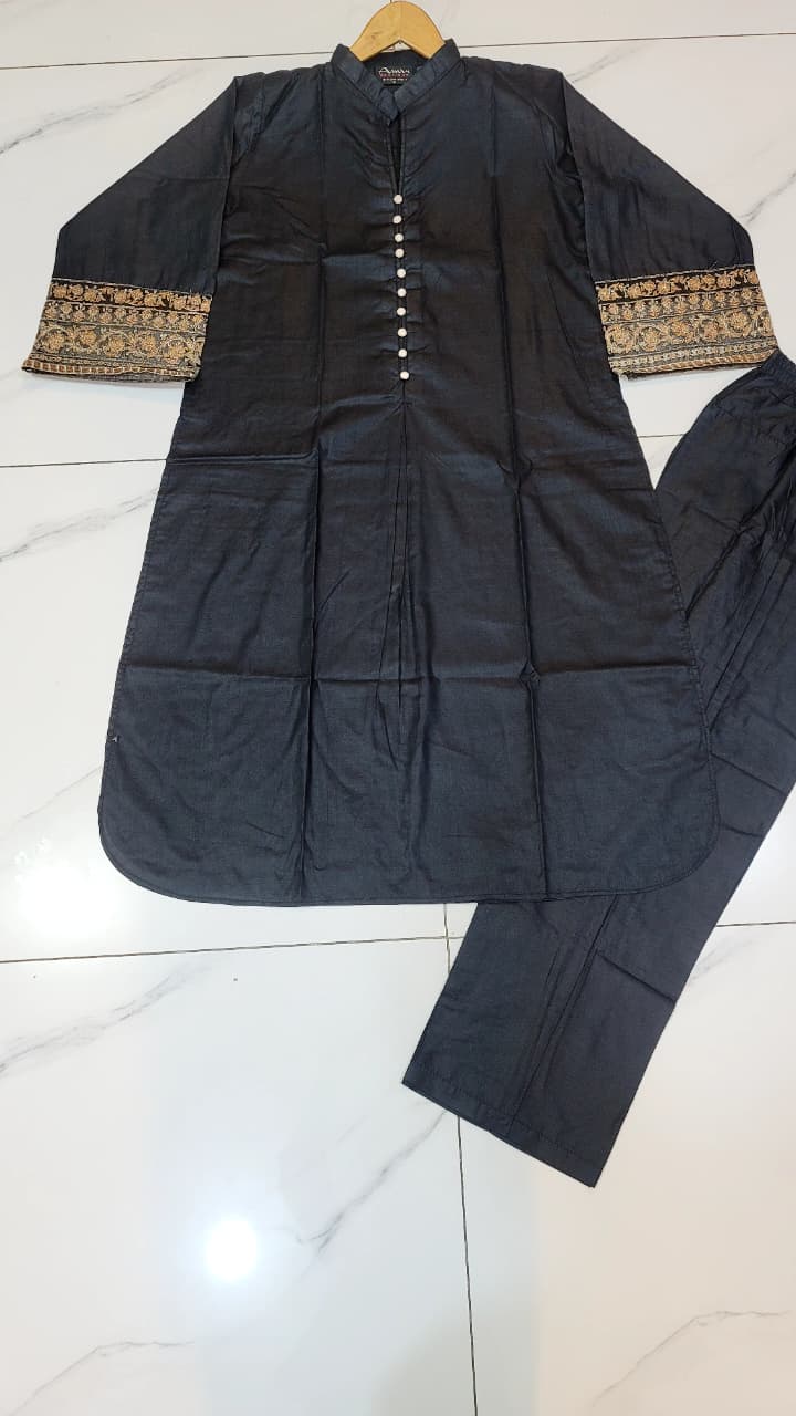 Pakistani women's black lawn A-Line casual outfit back view