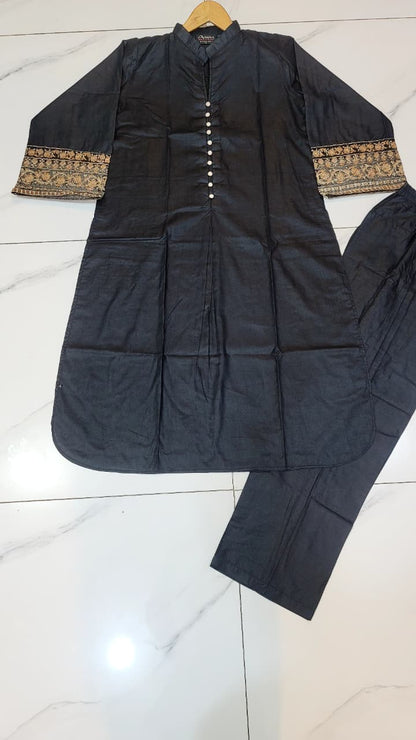 Pakistani women's black lawn A-Line casual outfit back view