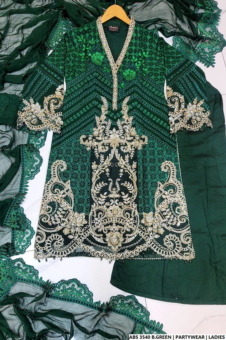 Pakistani women's bottle green organza straight shirt full view