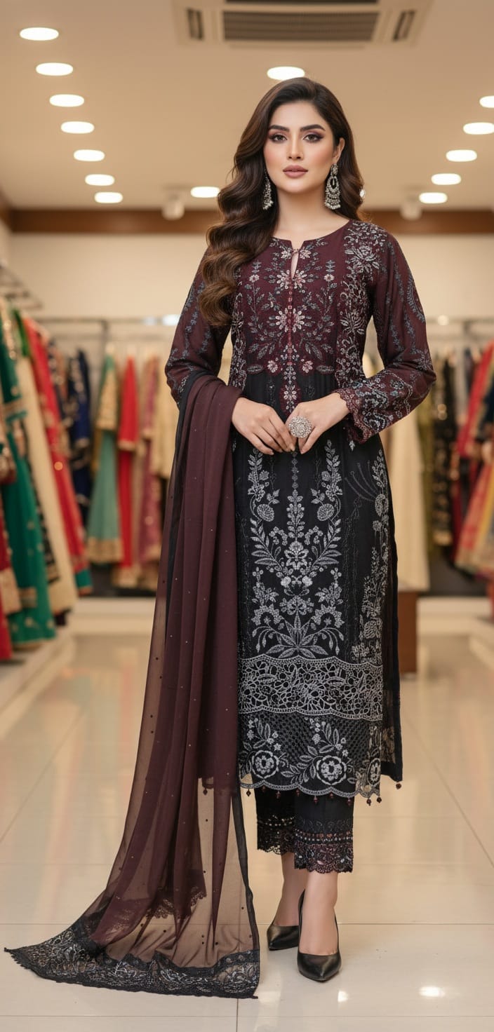 Chiffon straight shirt maroon - Pakistani women's elegant formal wear with viscose trouser and chiffon dupatta front view