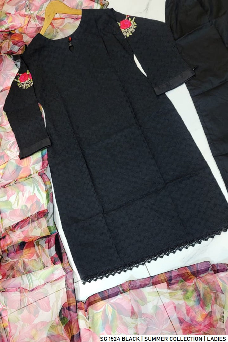 Pakistani women's black lawn A-Line casual outfit back view