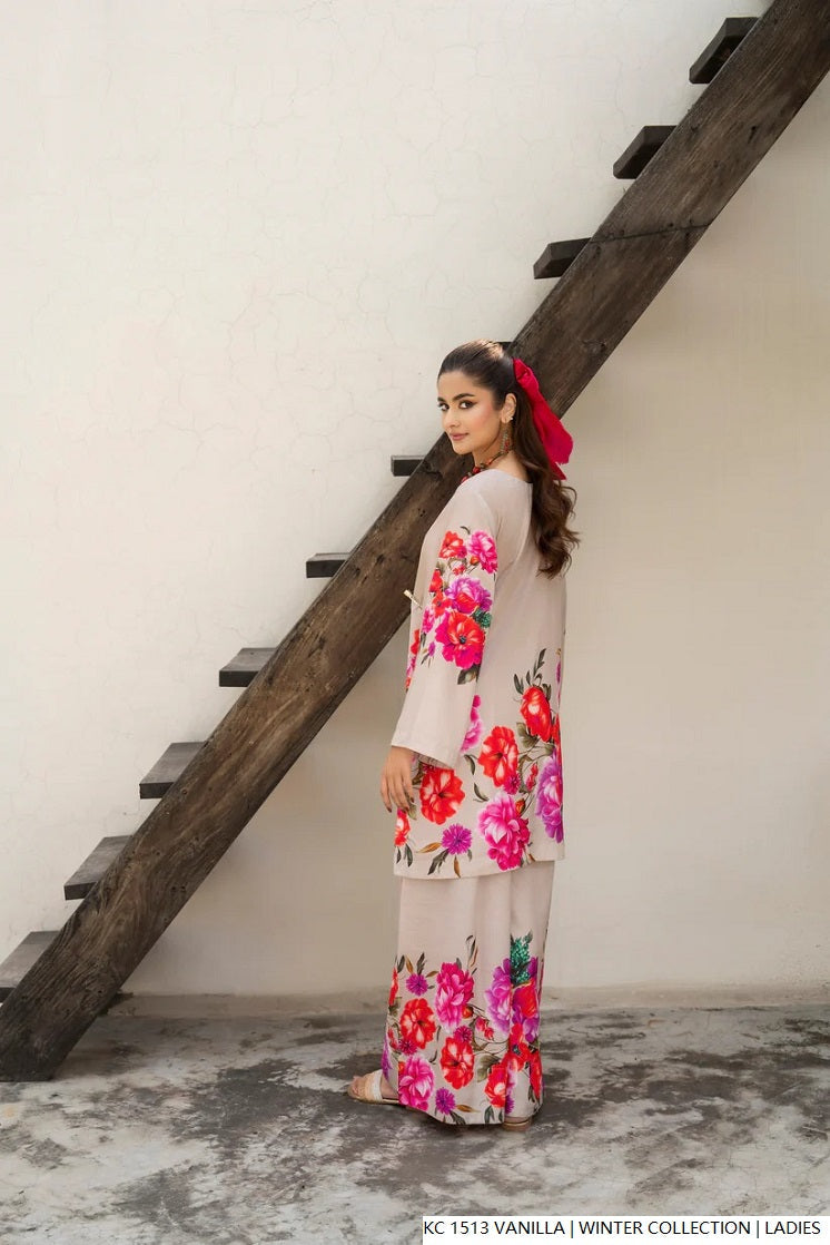 Pakistani women's vanilla cream silk 2-piece formal suit full view