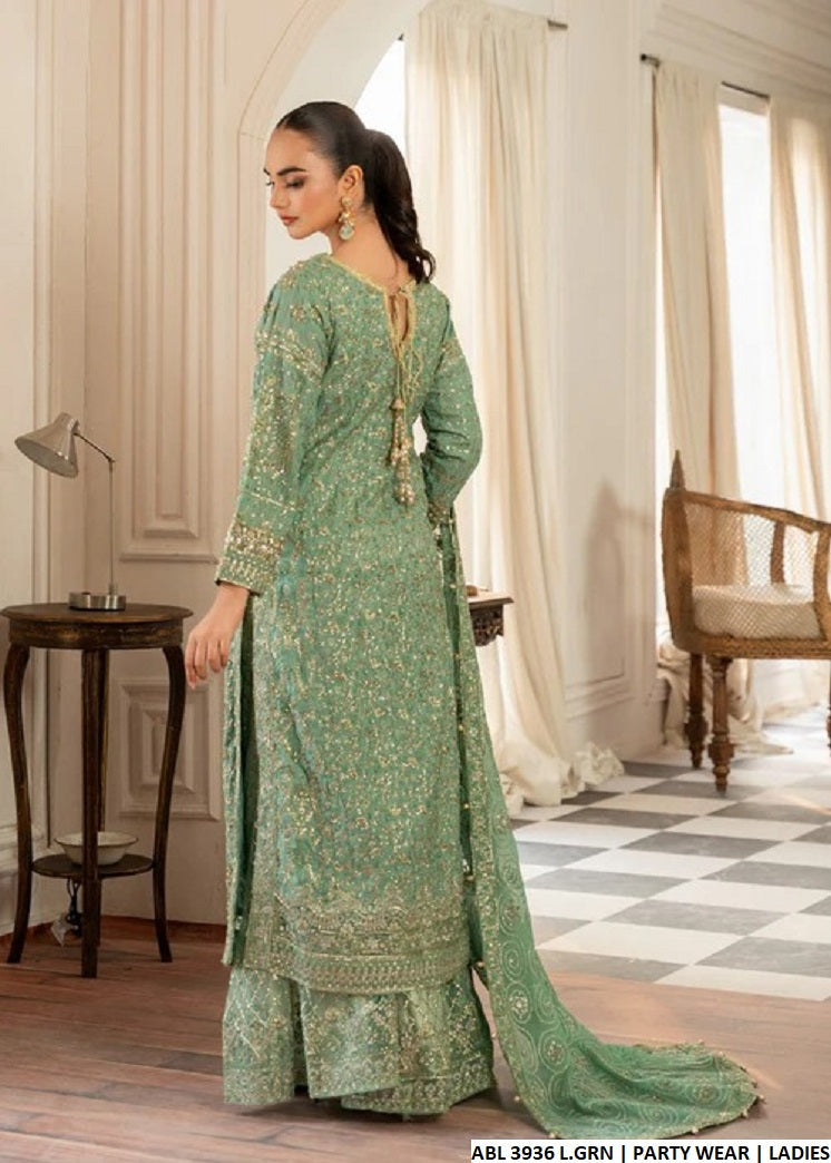 ABL 3936 Pakistani women's grip A-Line formal outfit with chiffon dupatta back view