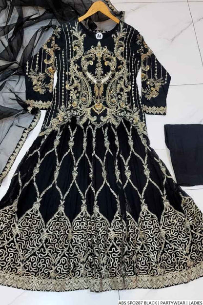 Pakistani women's black chiffon straight shirt plazo detail view