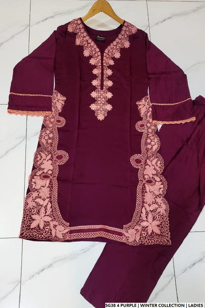 Lawn A-Line shirt purple - Pakistani women's casual summer outfit with cotton trouser and lawn dupatta front view