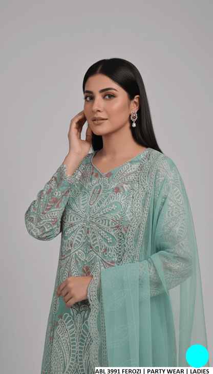 Ferozi organza Pakistani women's straight shirt side view