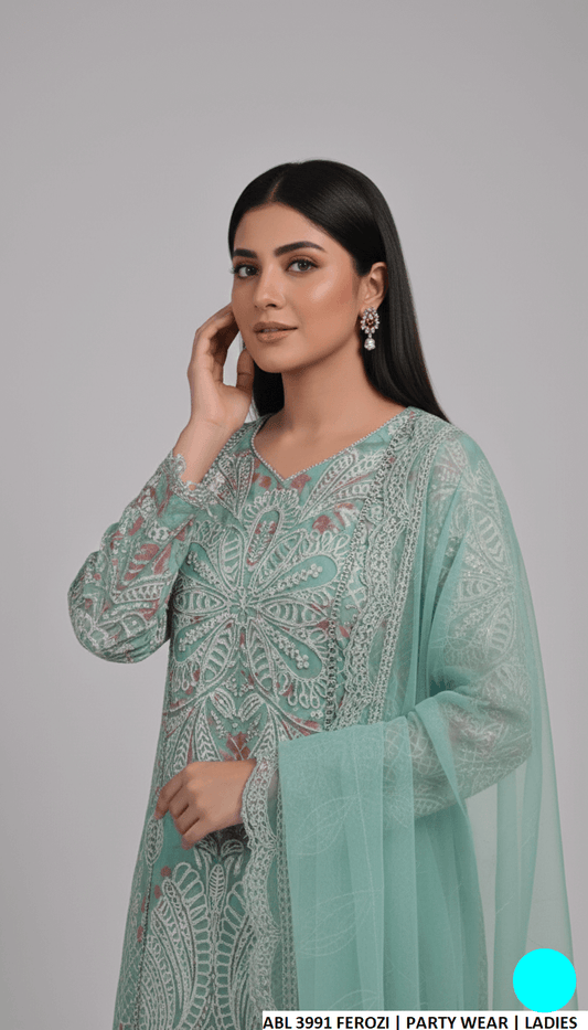 Ferozi organza Pakistani women's straight shirt side view