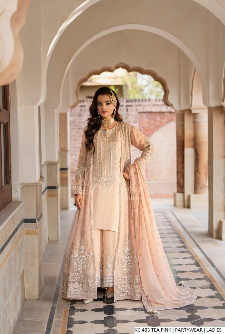 Pakistani women's tea pink silk long kaftan plazo full view