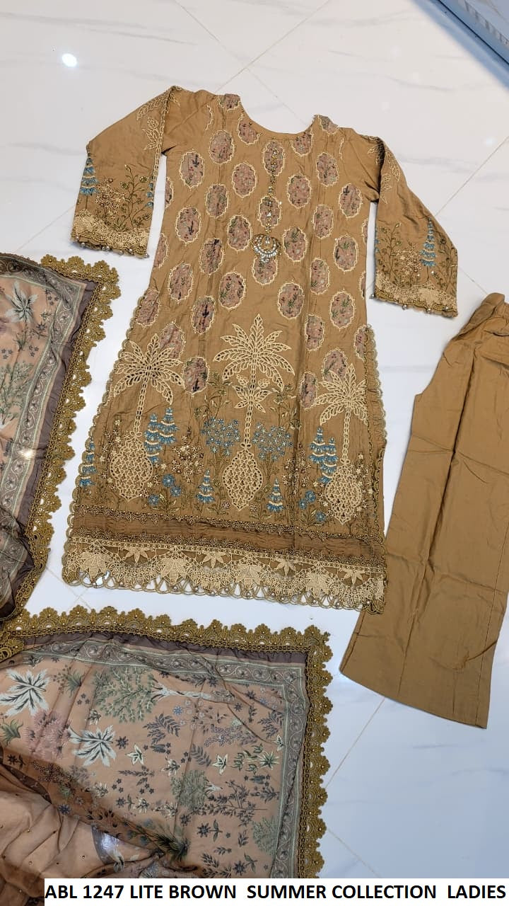 ABL 1247 LITE BROWN - Light Brown Cotton A-Line Shirt Plazo Set with Digital Silk Dupatta | Women's 3-Piece Suit