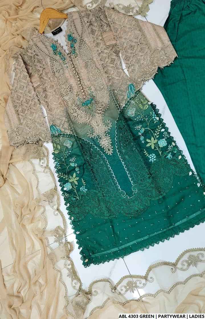 Pakistani women's green organza A-Line shirt full view
