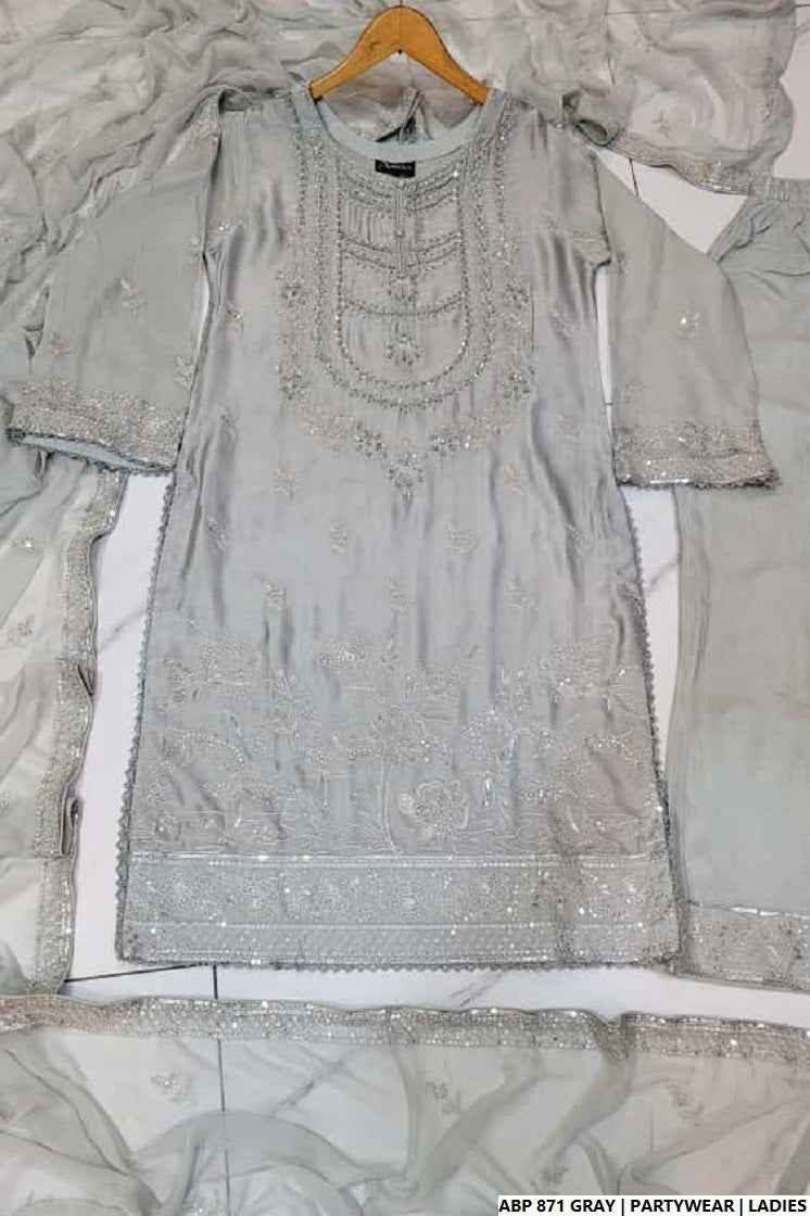 Grey silk Pakistani women's straight shirt side view
