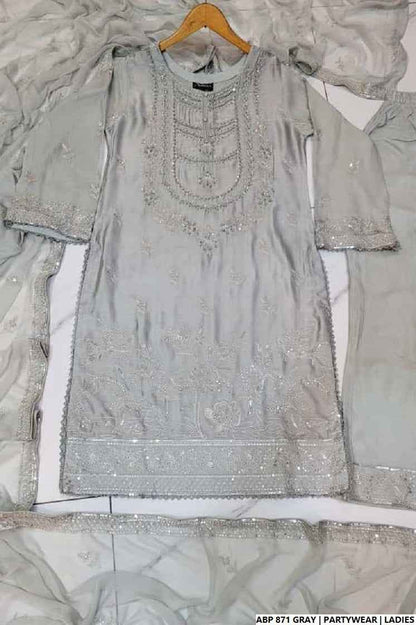 Grey silk Pakistani women's straight shirt side view