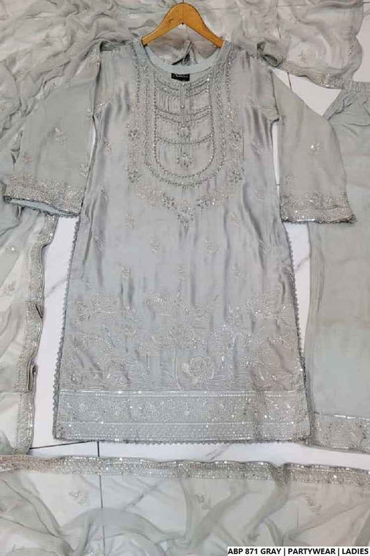 Grey silk Pakistani women's straight shirt side view