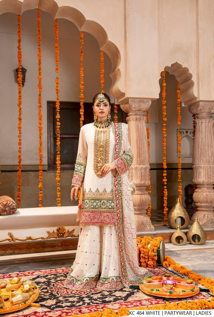 White silk Pakistani women's long kaftan with plazo side view
