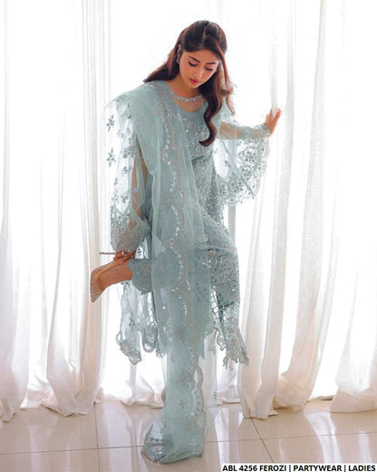 Pakistani women's ferozi organza A-Line shirt back view
